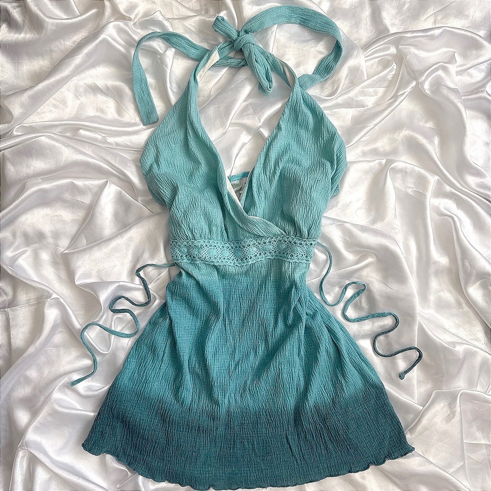 B.G. Ombre Halter Top Aqua Teal Crochet Lace Empire Waist Gauze Plus Size 18/20